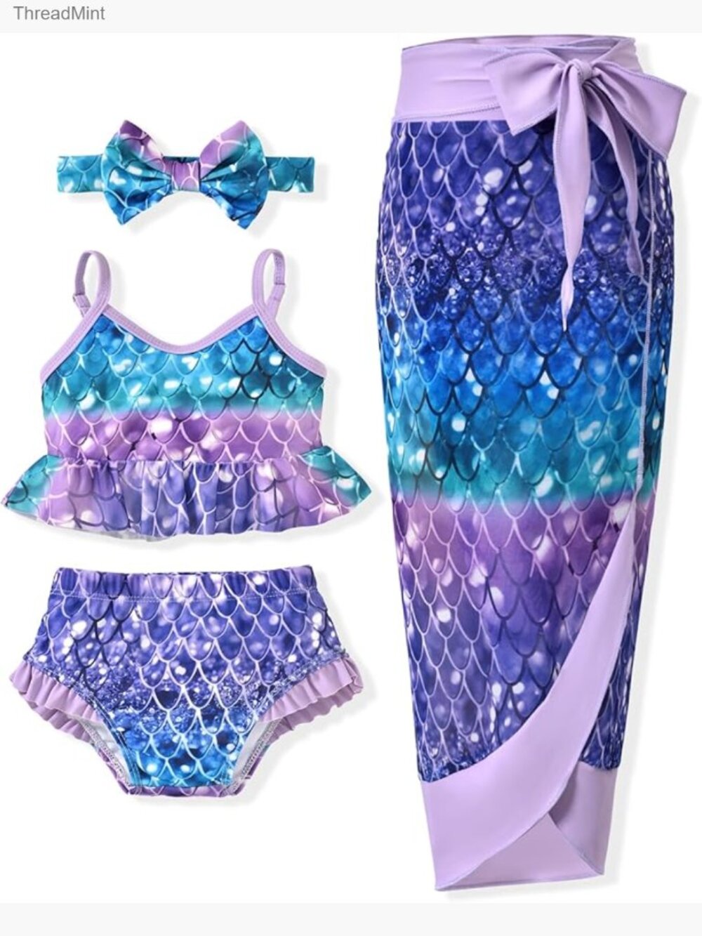 Toddler Girl Two Piece Swimsuit with Cover Up Skirt and Headband Set (4-5T)